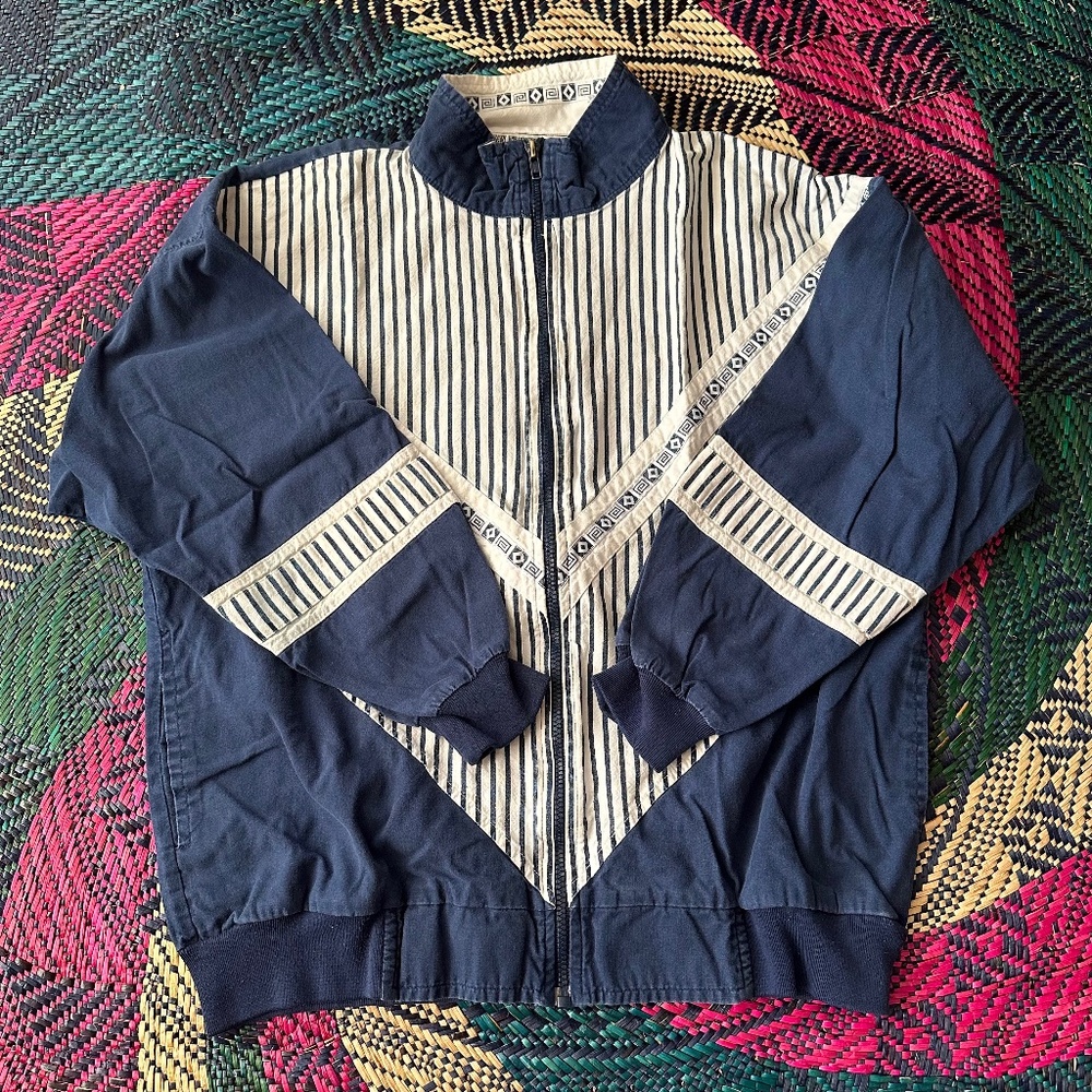 Vintage Navy Blue & White Colorblock Bomber Jacket Size Medium